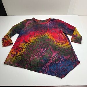 Calessa Burnout Tie-Dye Tunic Top Crewneck 3/4 Sleeve Asymmetric Hem Womens 1X